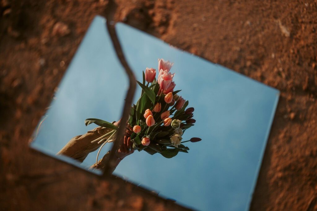 flowers, mirror, reflection, reflected, bloom, nature, spring, flower background, broken, beautiful flowers, break, morning, poster, banner, adobe, flower wallpaper, landscape, mood, culture, equinox, fantasy